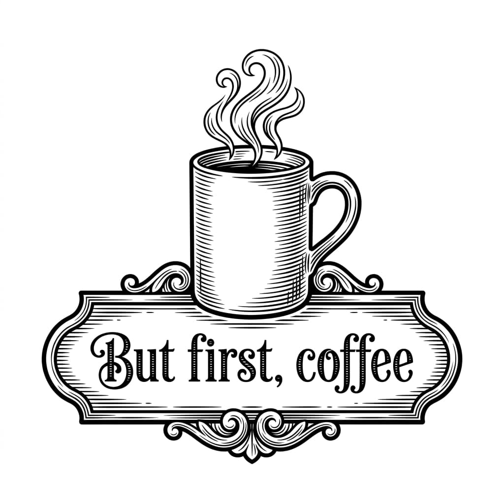 Laser cut SVG file of Kitchen sign reading "But first, coffee" with a steaming mug