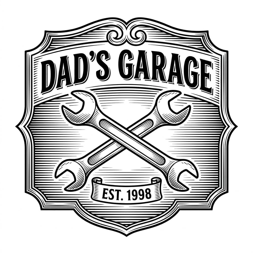 Laser cut SVG file of Garage sign reading "DAD'S GARAGE" and "EST. 1998" with crossed wrenches