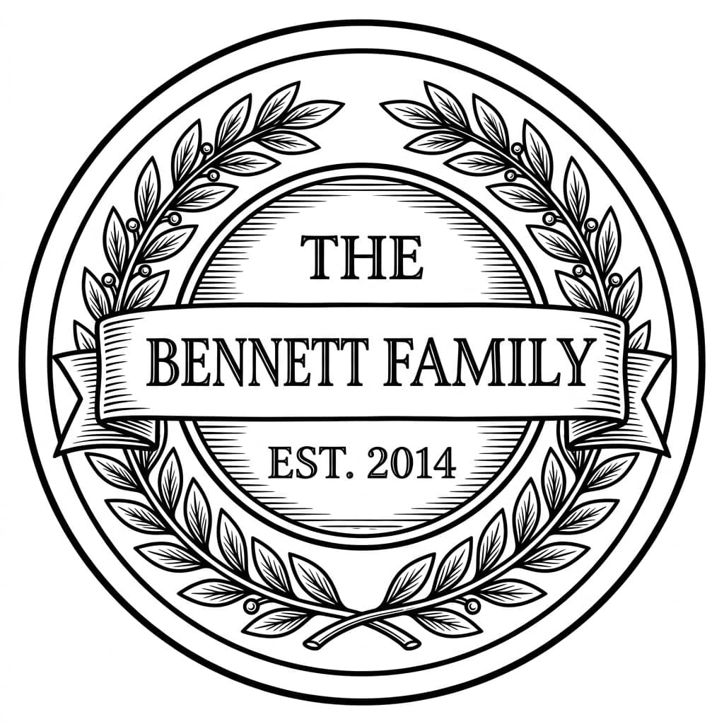 Laser cut SVG file of A round family name sign reading "THE BENNETT FAMILY" and "EST. 2014" with a laurel wreath