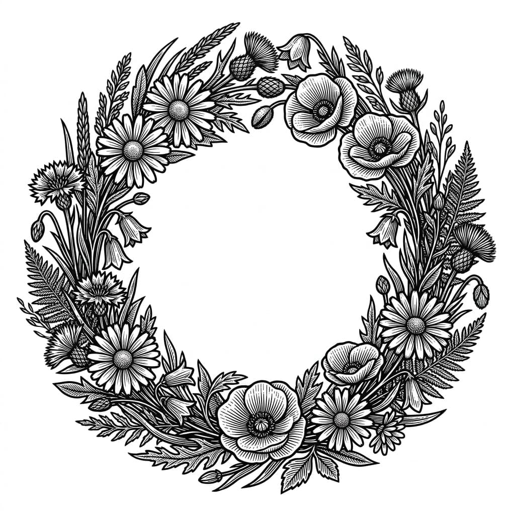 Laser cut SVG file of Wildflower wreath frame with an open center