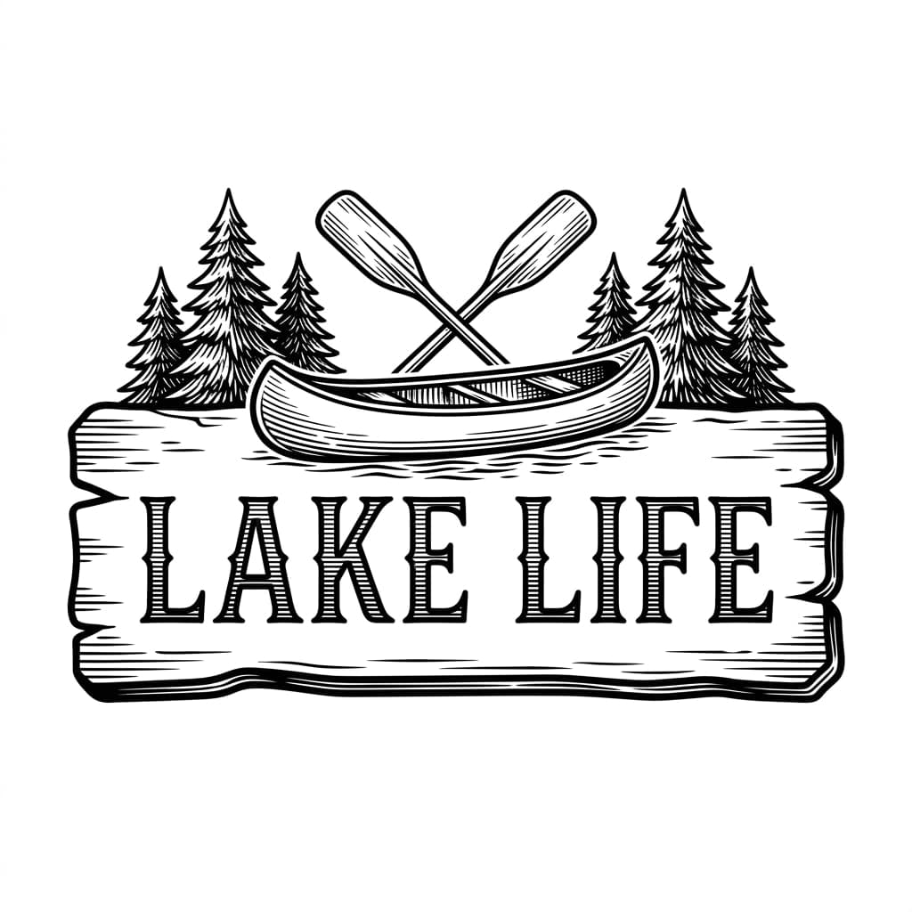 Laser cut SVG file of Cabin sign reading "LAKE LIFE" with a canoe, paddles and pine trees