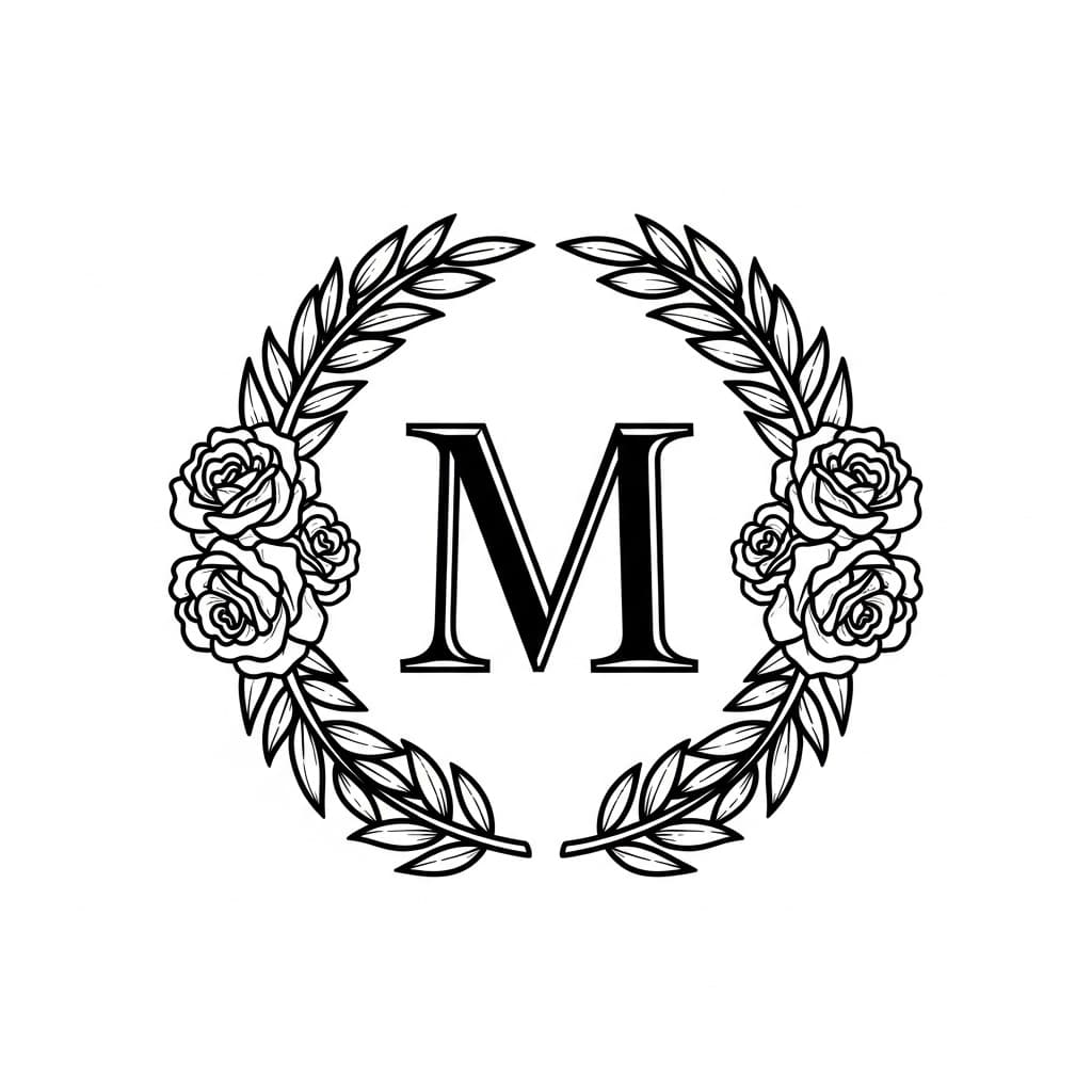Laser cut SVG file of Monogram M with rose wreath