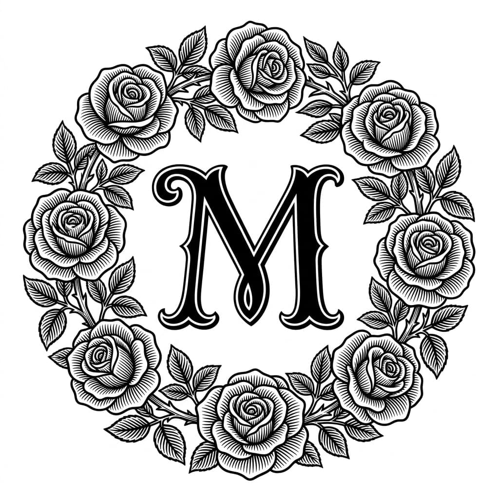 Laser cut SVG file of Monogram letter M with a rose wreath