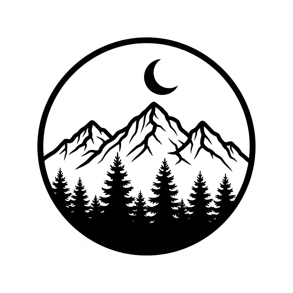 Mountain badge design — clean silhouette with bold cut paths, ready for laser cutting at any scale