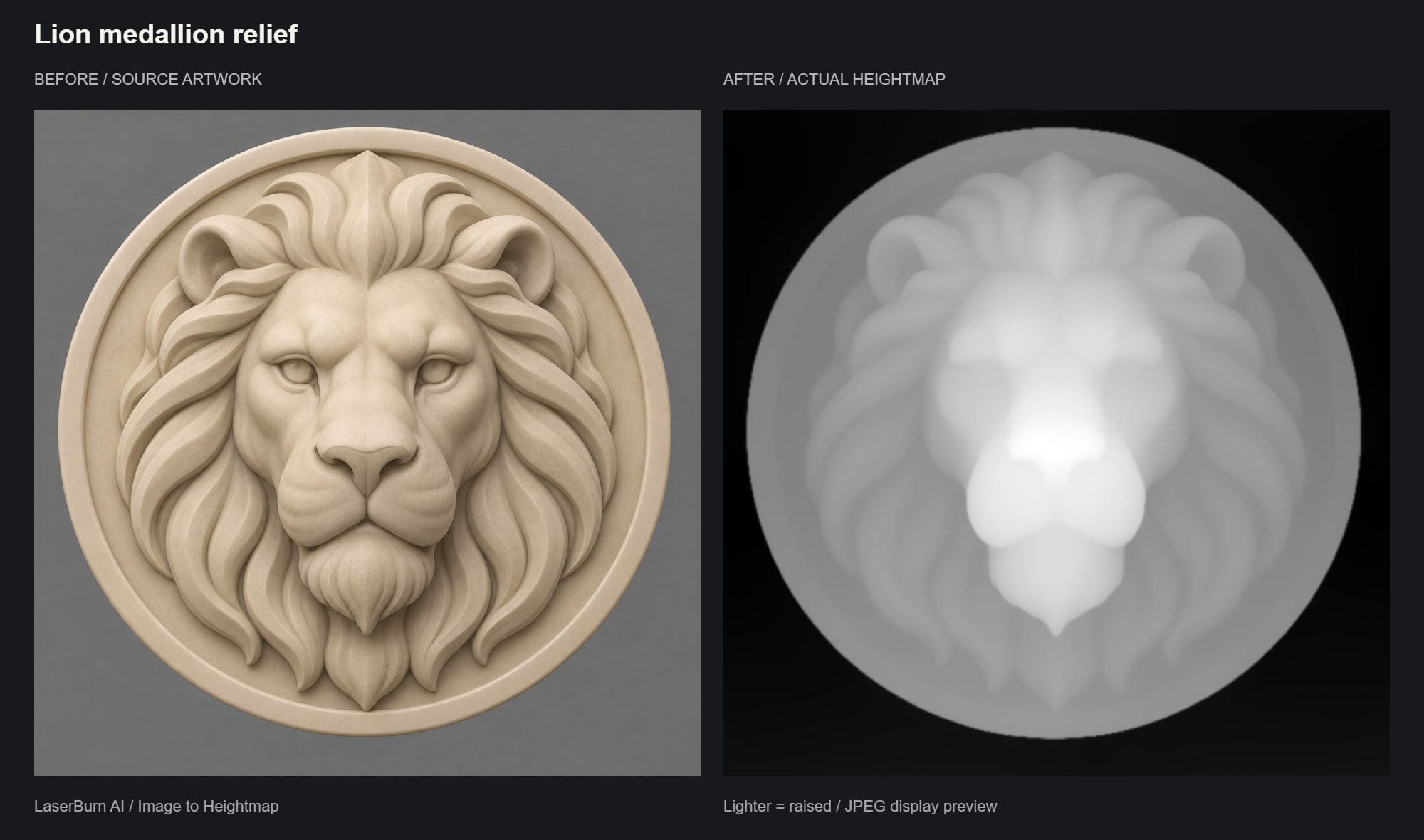 Before and after: sculpted lion medallion artwork beside its grayscale heightmap, with a raised muzzle and layered mane for CNC relief carving.